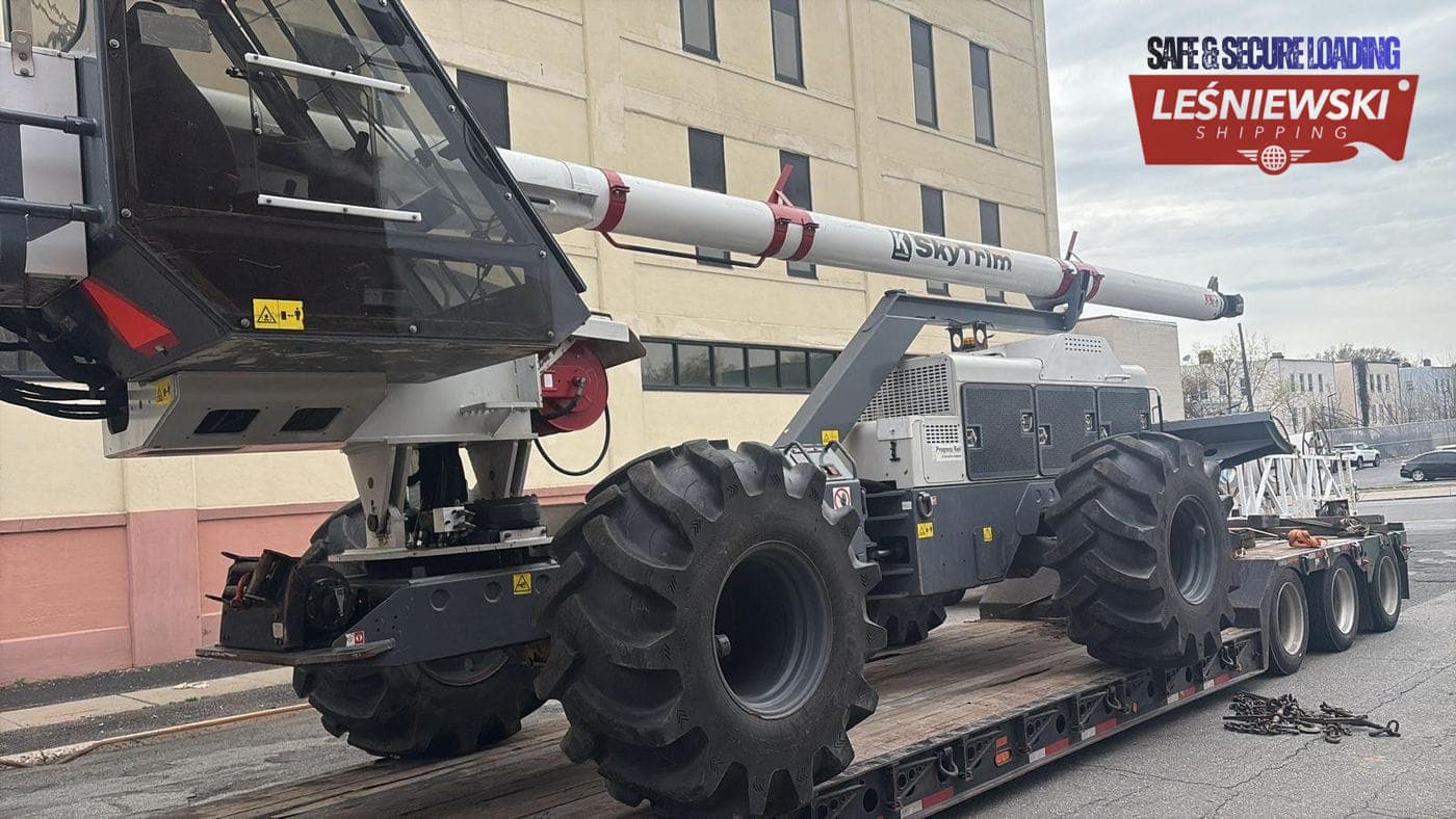 SkyTrim industrial machine on a trailer — heavy equipment transport from the USA