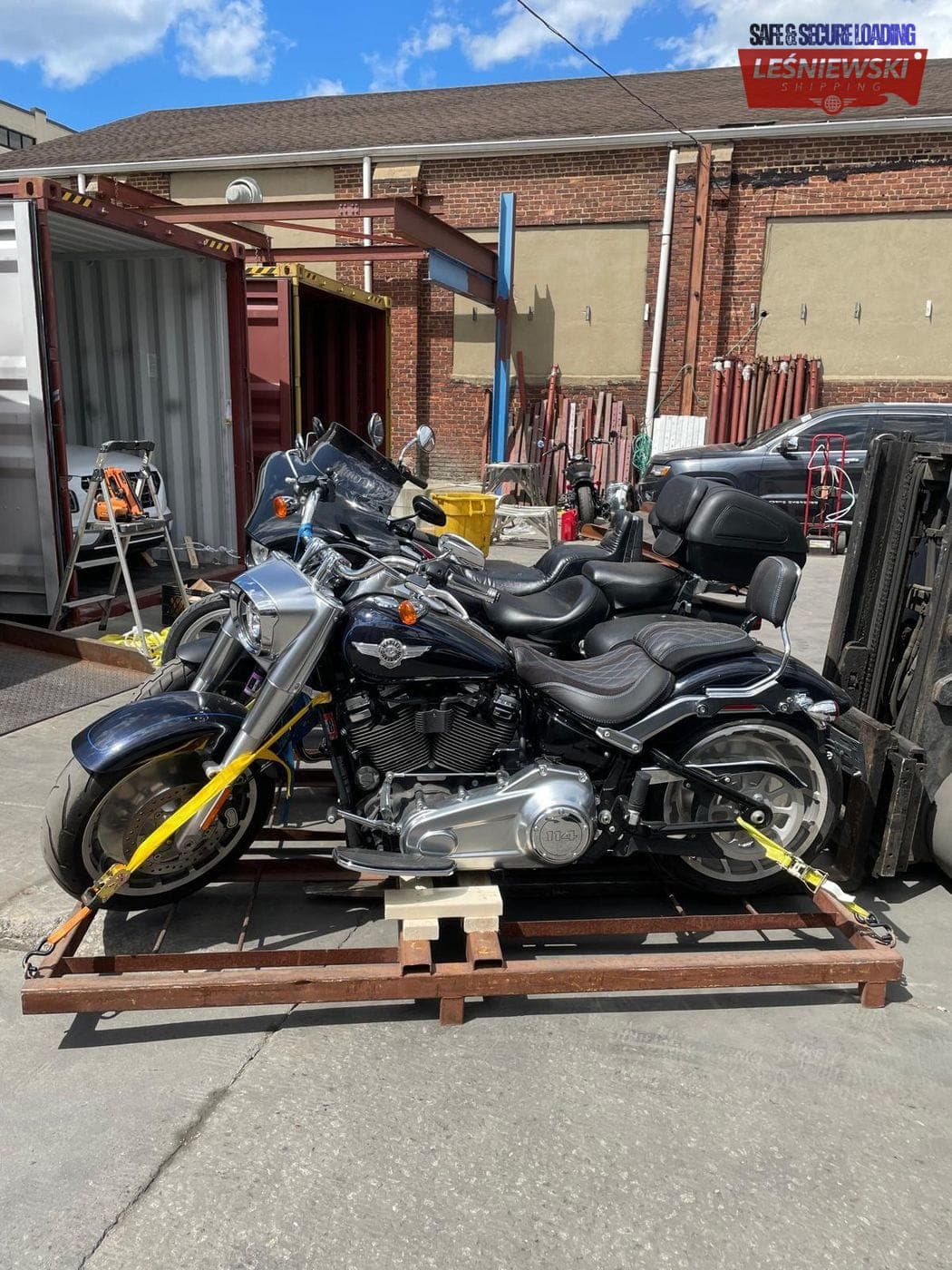 Harley-Davidson motorcycles on a pallet before container loading