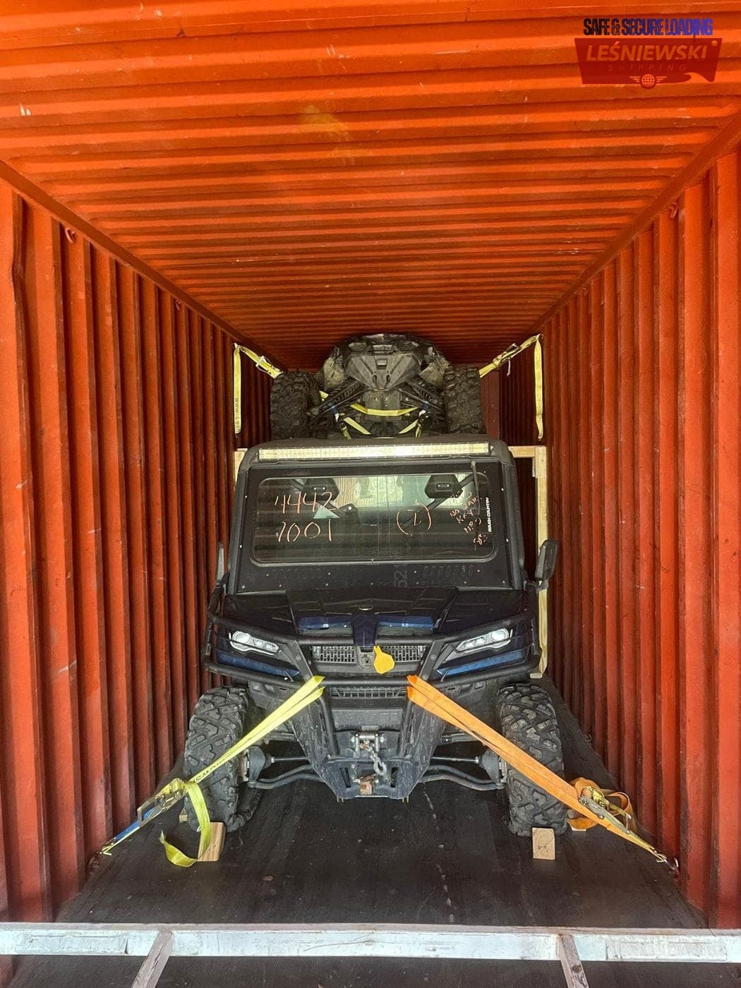 Side-by-side UTV vehicle secured in a container — transport from the USA