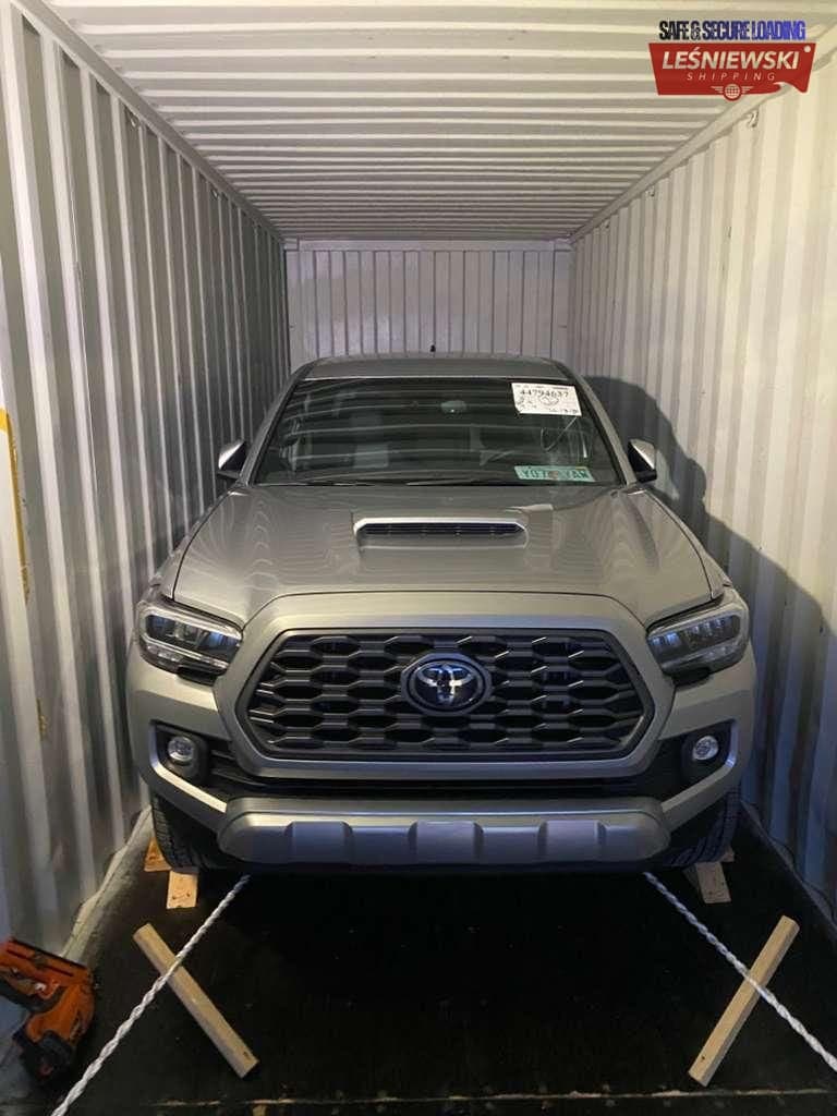 Toyota Tacoma pickup secured in a container — car import from the USA to Poland