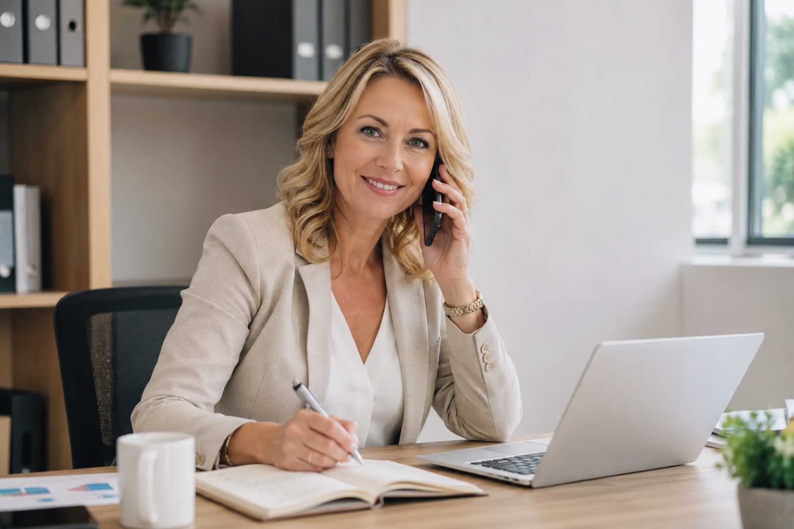 Polish-speaking Leśniewski Shipping consultant at her desk with phone and laptop